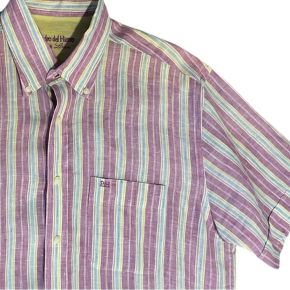 Pedro Del Hierro 100% Linen Button Down Shirt Men's Large Short Sleeve Purple - Picture 2 of 8